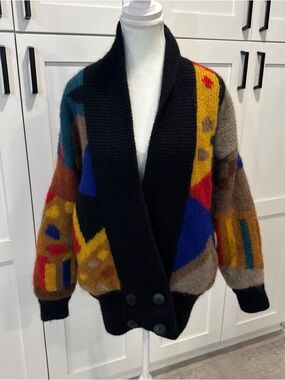 Vintage Abstract Wool blend Shawl Collar Button-Front Sweater Cardigan AZIZA OS